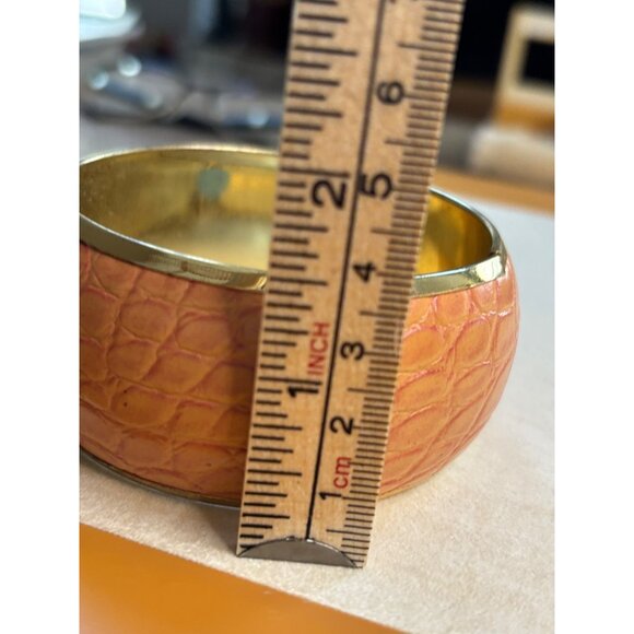 Gold-Tone Wide Bangle Bracelet With Faux Croc Embossed Orange Leather Design - Picture 6 of 7